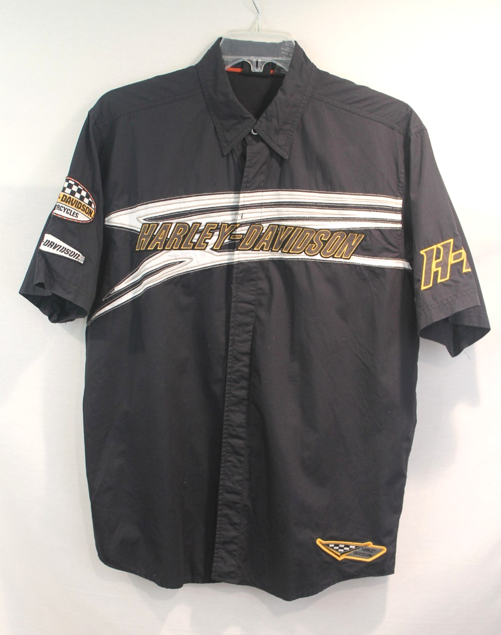 Harley Davidson Shirt Men L Black Embroidered Patches Snap Up Y2K Mechanic Biker
